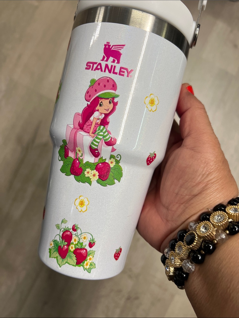 Stanley White Kids Tumbler with Pink Strawberry Character